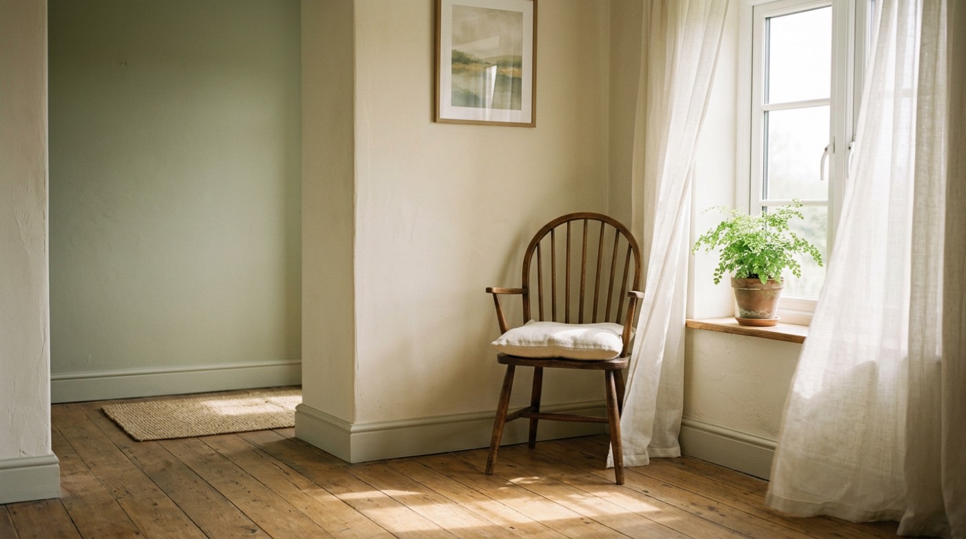 A corner of a room with a chair beside a window and a plant on the sill