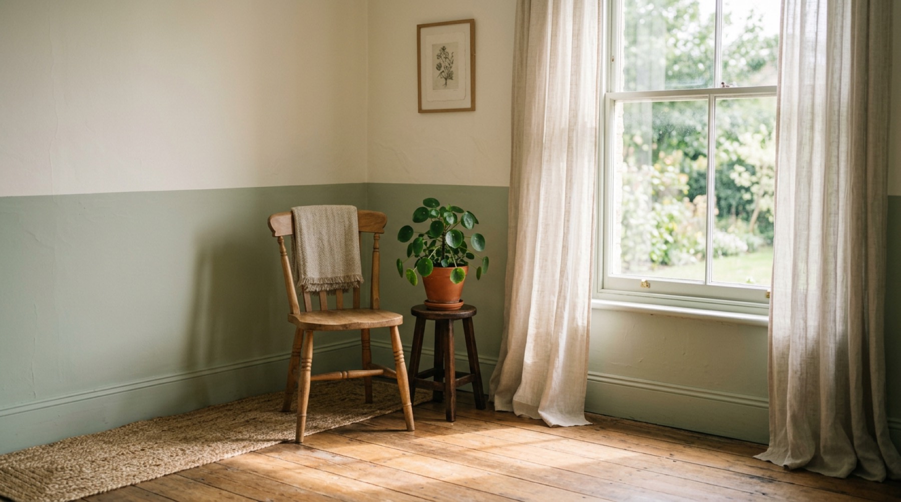A quiet room with morning light falling across a wooden chair and linen curtains